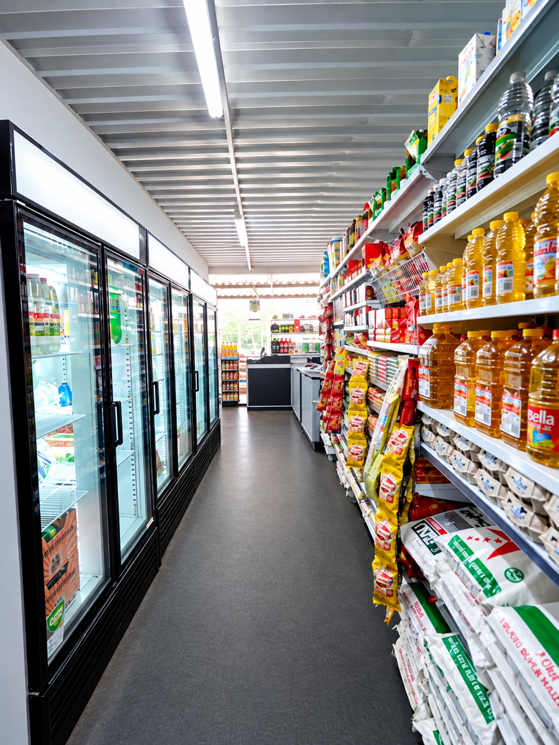 Refrigerators and stocked grocery shelves inside a container supermarket