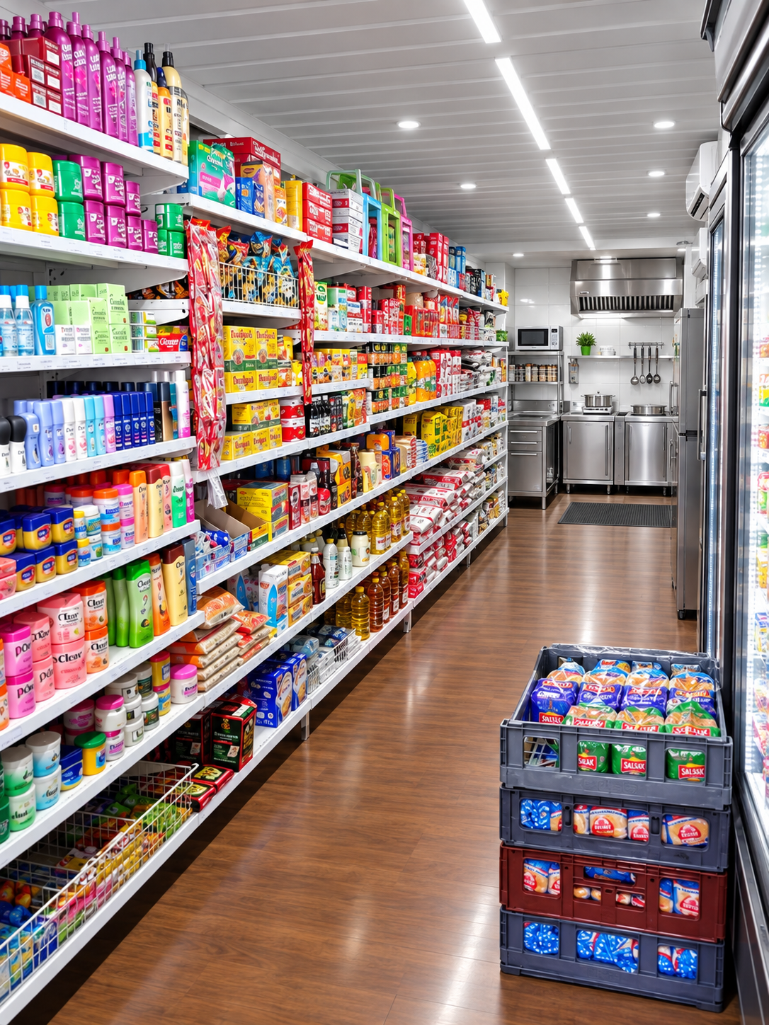 Shelves stocked with groceries inside a Goodies container supermarket